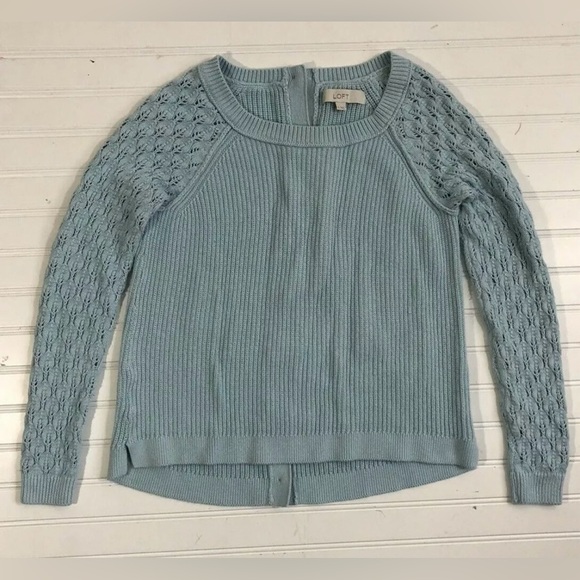 Ann Taylor Loft Open Knit Long Sleeve Sweater Womens Size Small Blue Back Button - Picture 7 of 12